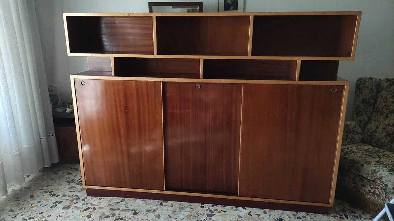 Wood bookcase with open compartments and sliding doors, 1970s 14