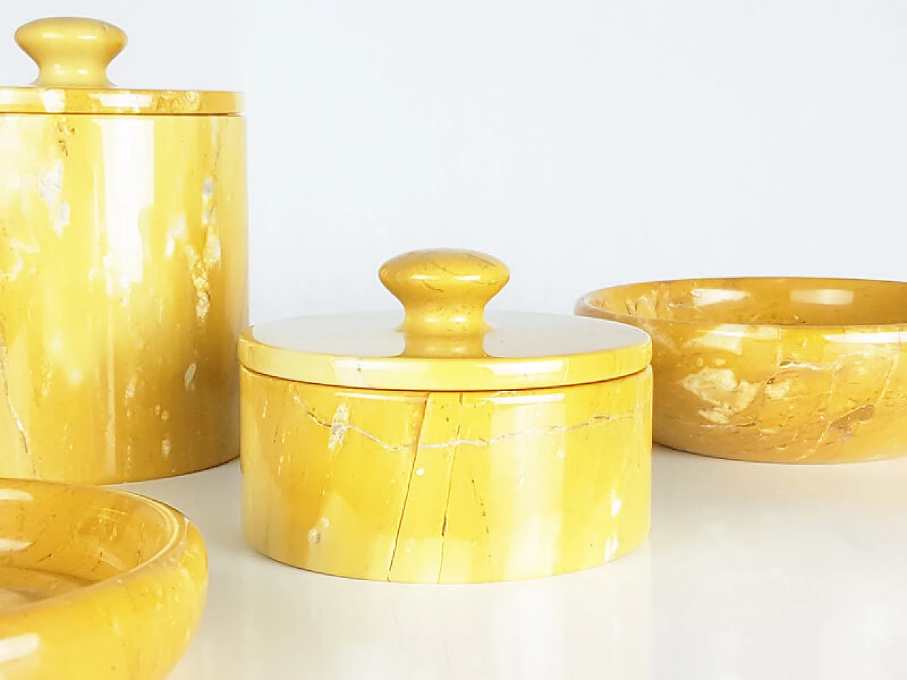 Yellow marble bowl, soap dish and pair of jars, 1970s 7