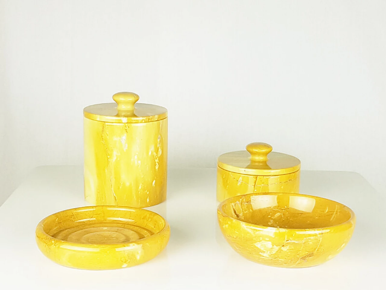 Yellow marble bowl, soap dish and pair of jars, 1970s 9