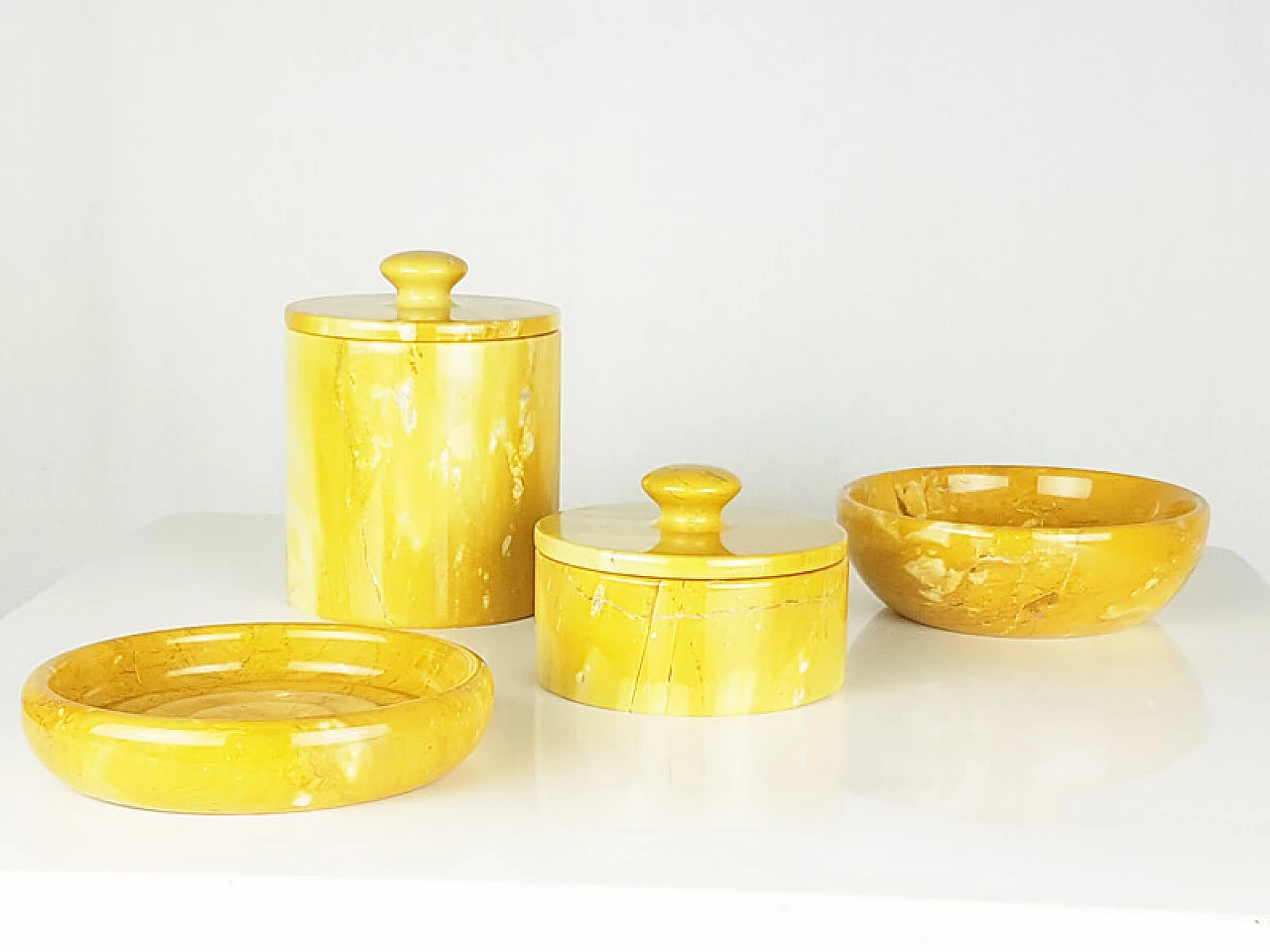 Yellow marble bowl, soap dish and pair of jars, 1970s 11