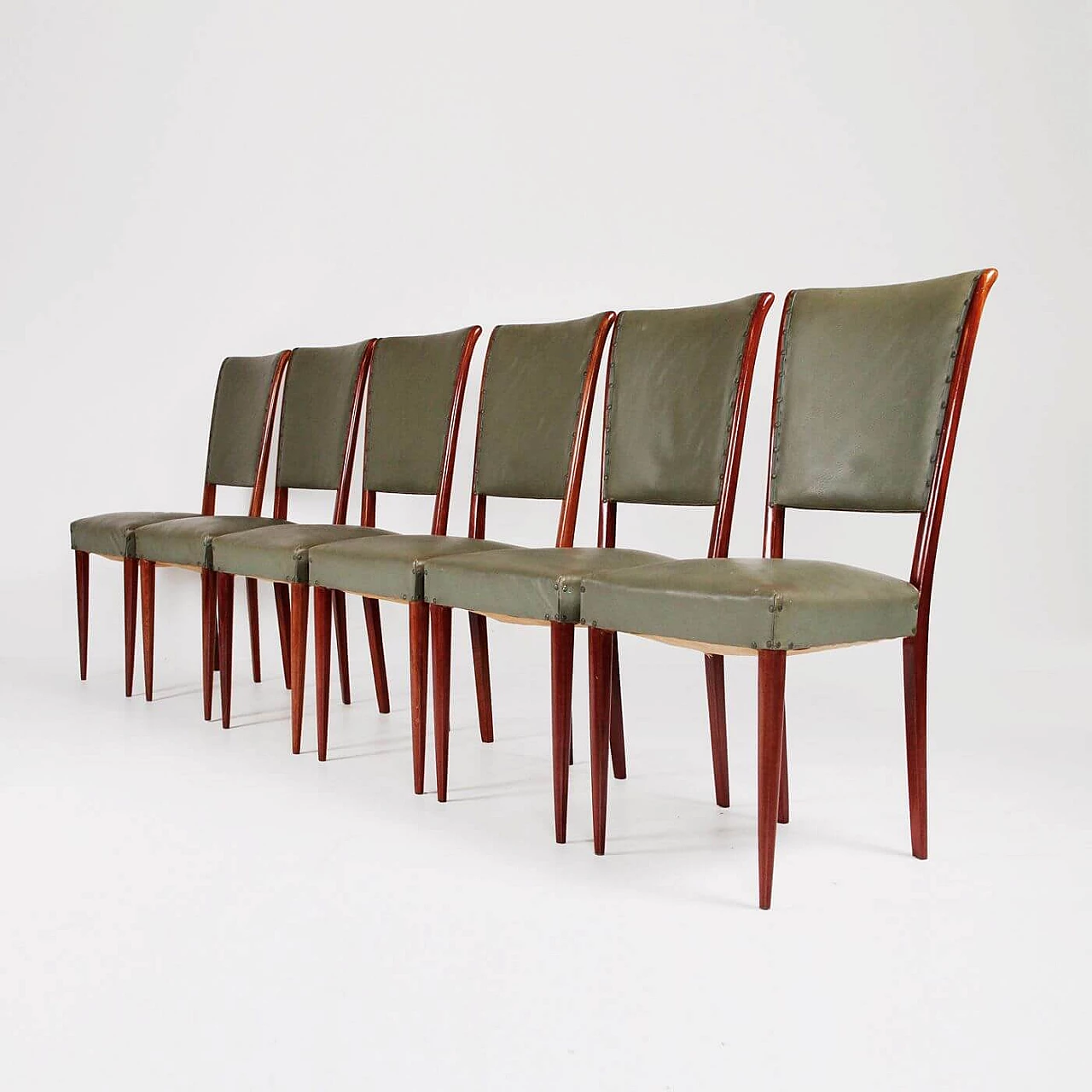 6 Wooden and imitation leather chairs, 1950s 1