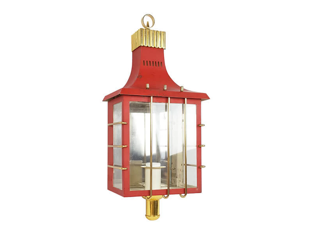 Red metal, brass and glass wall lamp, 1950s 1