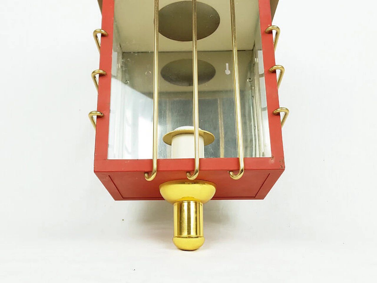 Red metal, brass and glass wall lamp, 1950s 2