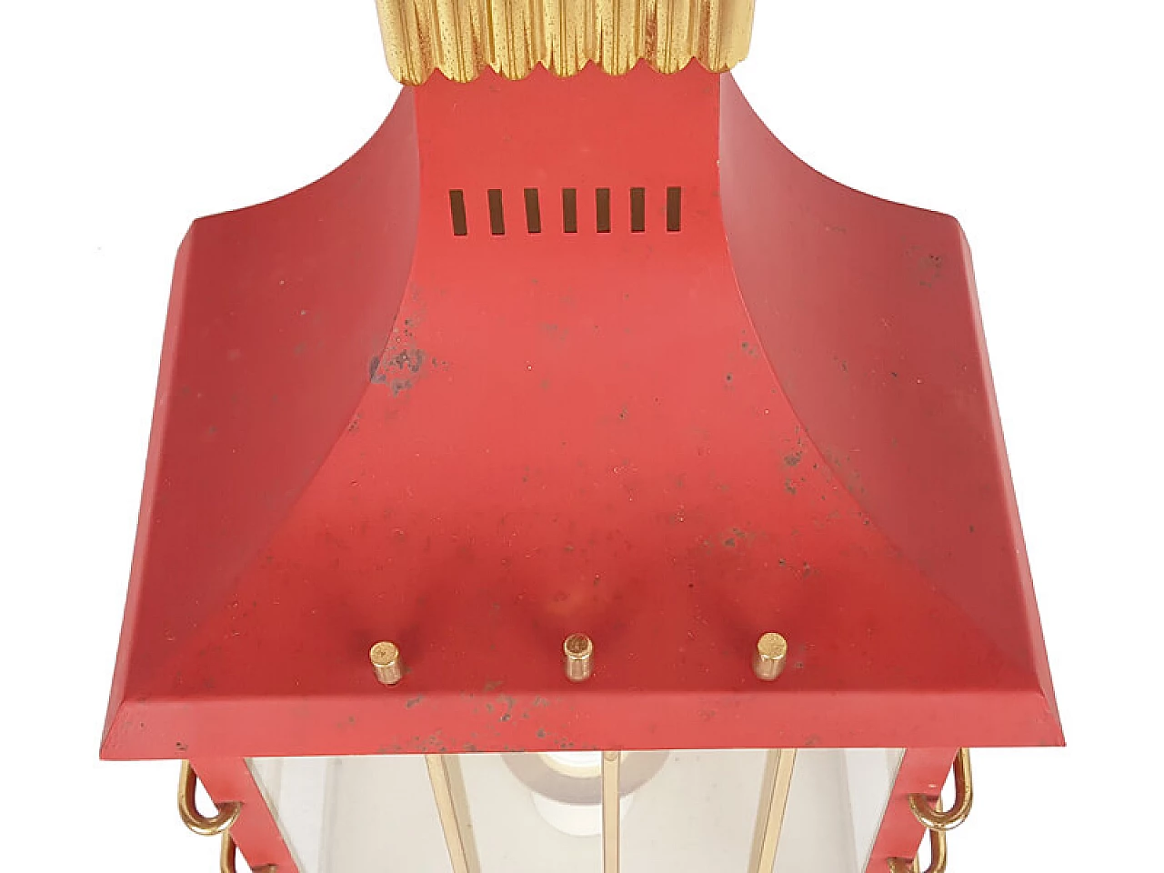 Red metal, brass and glass wall lamp, 1950s 5