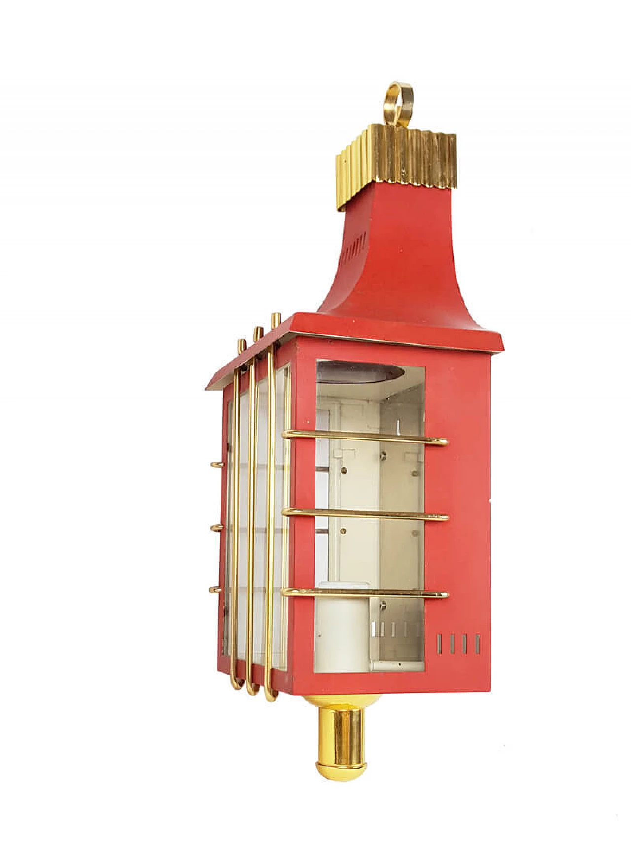 Red metal, brass and glass wall lamp, 1950s 7