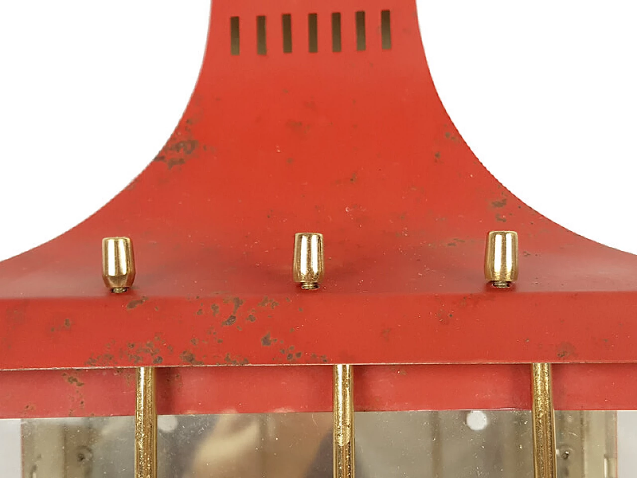 Red metal, brass and glass wall lamp, 1950s 8