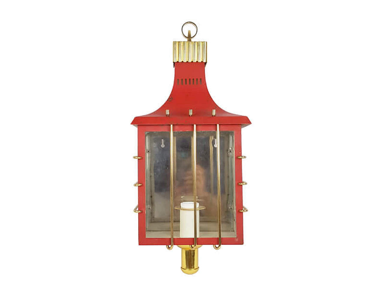 Red metal, brass and glass wall lamp, 1950s 10