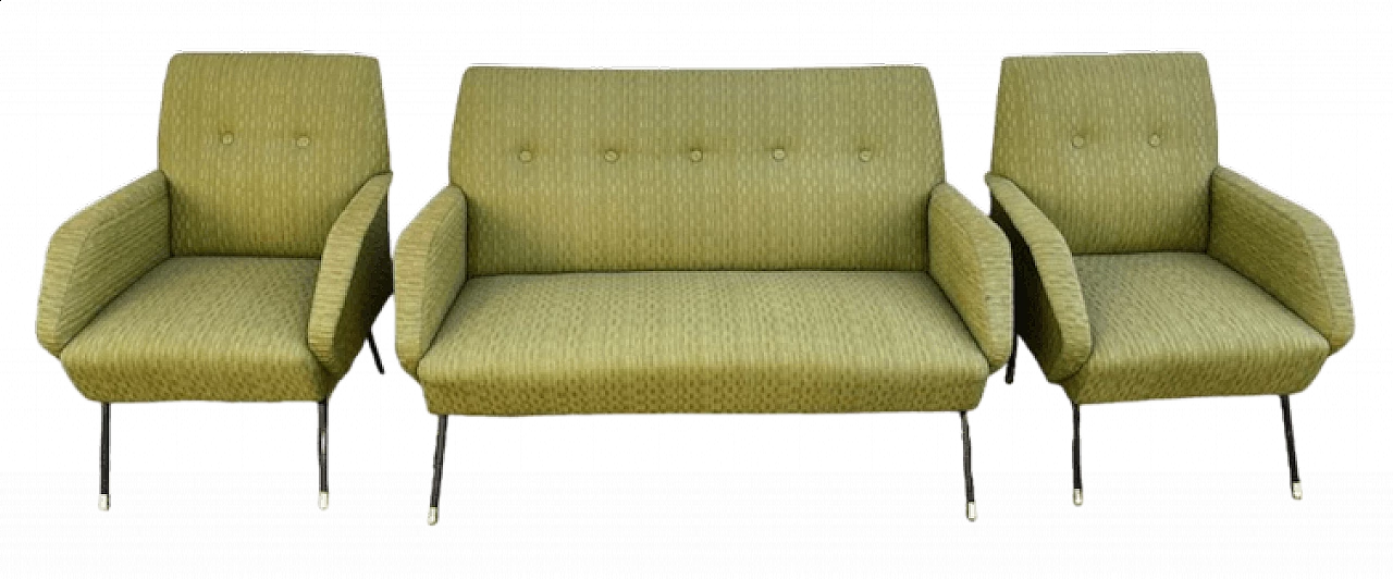 Sofa and pair of armchairs in acid green fabric, 1950s 35