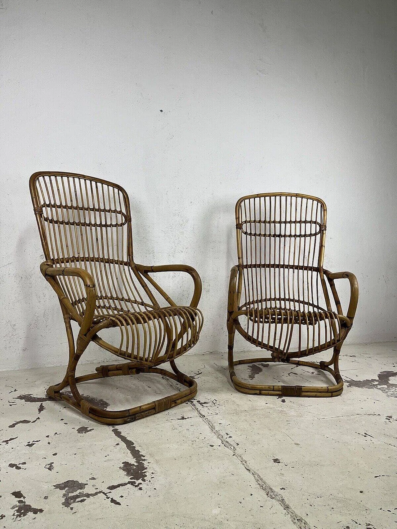 Pair of rattan and wicker armchairs in the style of Bonacina, 1970s 1