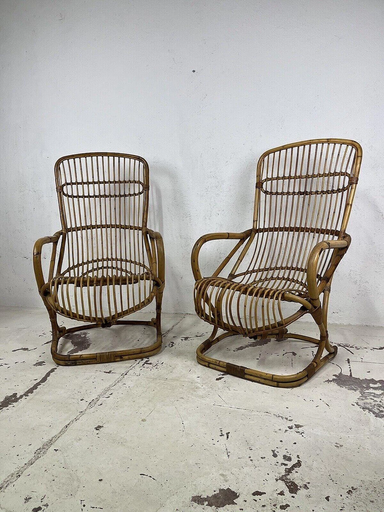 Pair of rattan and wicker armchairs in the style of Bonacina, 1970s 2