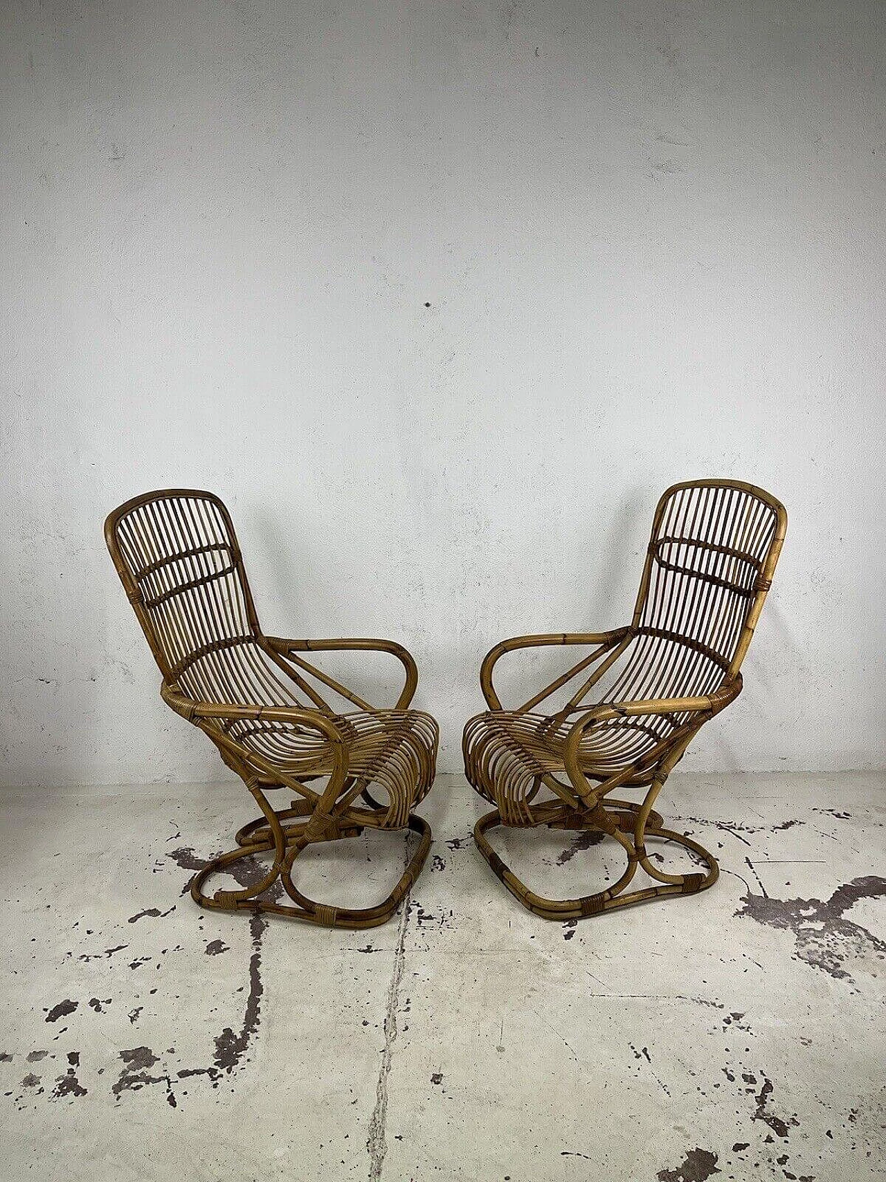 Pair of rattan and wicker armchairs in the style of Bonacina, 1970s 3