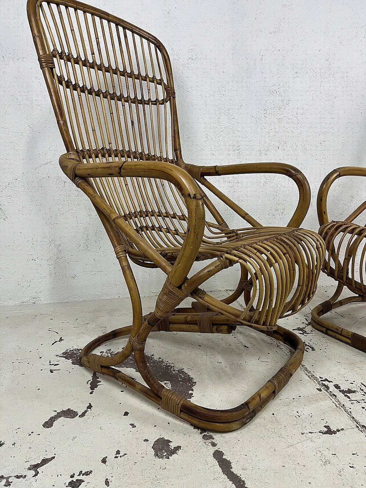 Pair of rattan and wicker armchairs in the style of Bonacina, 1970s 6