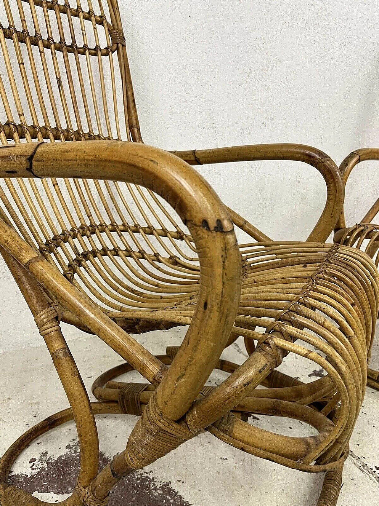 Pair of rattan and wicker armchairs in the style of Bonacina, 1970s 9