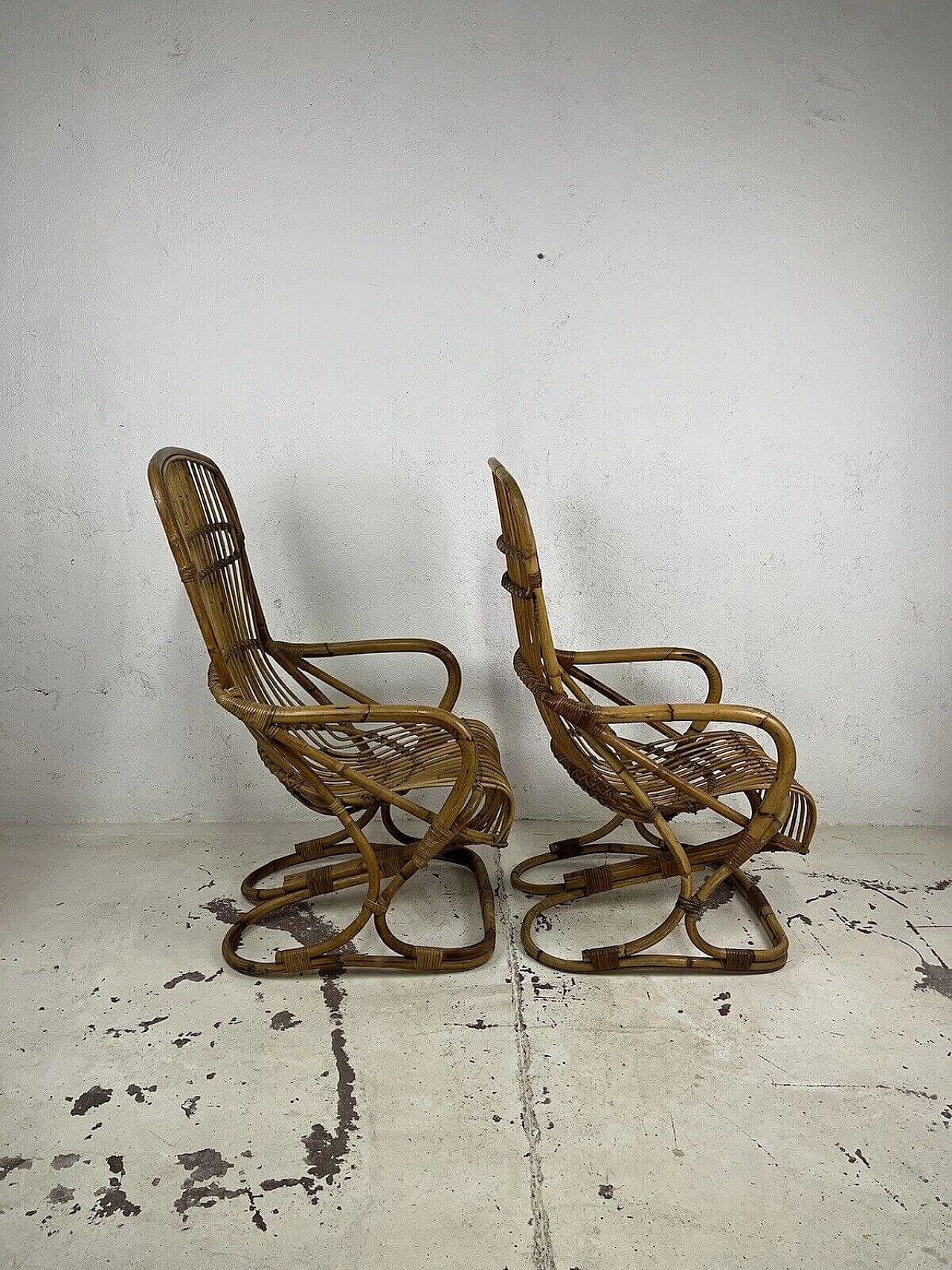 Pair of rattan and wicker armchairs in the style of Bonacina, 1970s 16