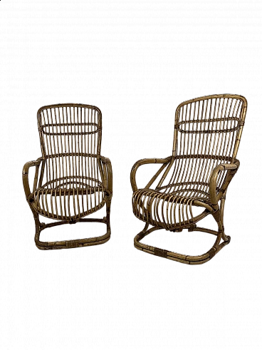 Pair of rattan and wicker armchairs in the style of Bonacina, 1970s