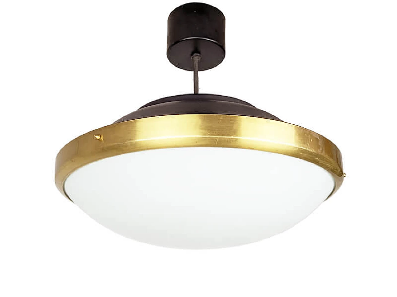 White glass, brass and black metal ceiling lamp, 1950s 2