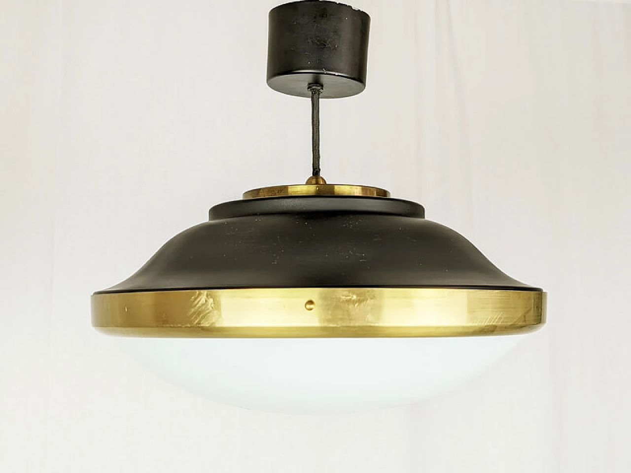 White glass, brass and black metal ceiling lamp, 1950s 9