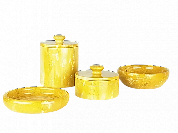 Yellow marble bowl, soap dish and pair of jars, 1970s