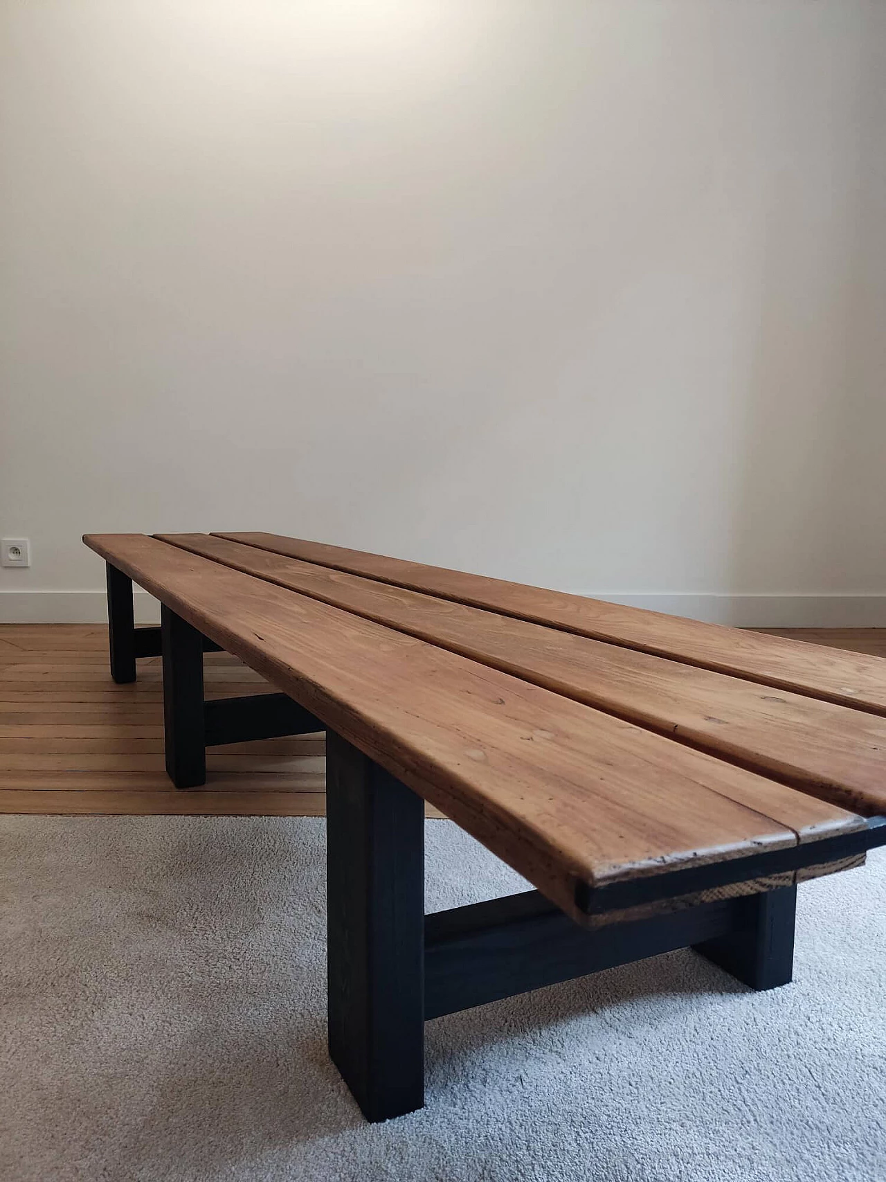 French pine bench on black wooden legs, 1950s 8