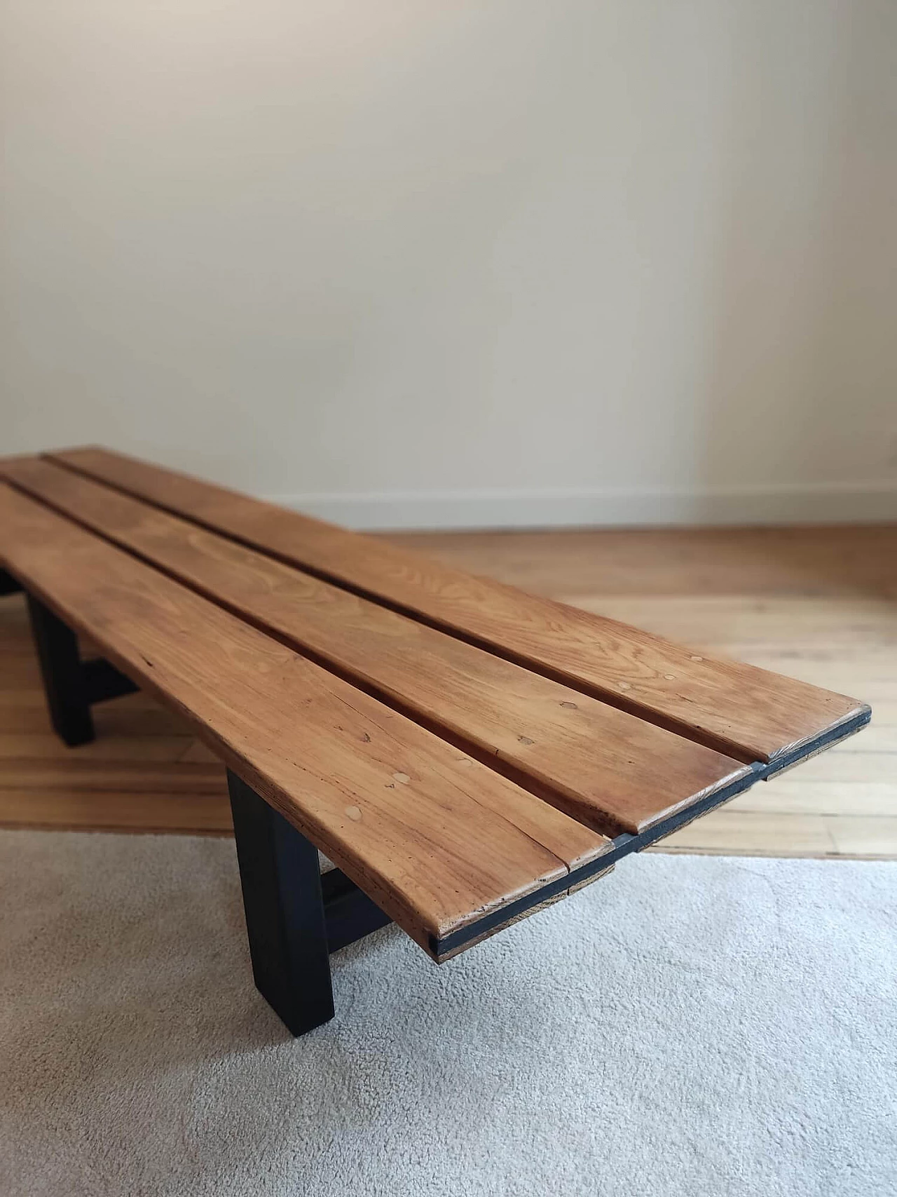 French pine bench on black wooden legs, 1950s 10