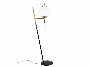 Glass, black metal and brass floor lamp attributed to Stilnovo, 1950s