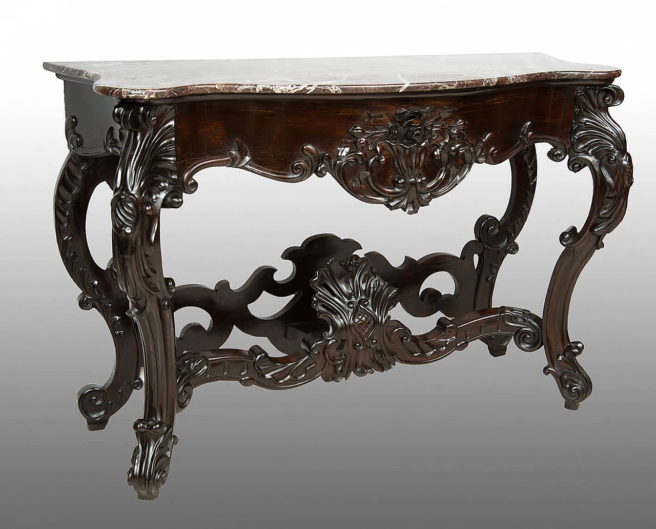 Neapolitan Louis Philippe console table in exotic wood with Levanto red marble top, 19th century 1