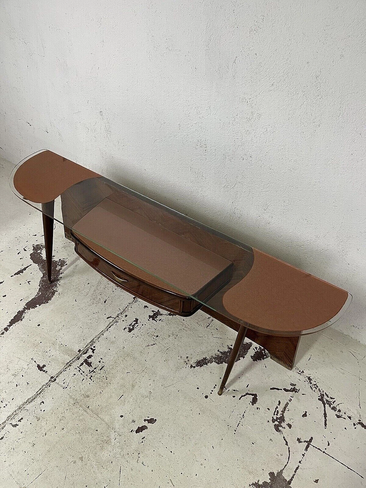 Wood console with glass top, 1950s 9