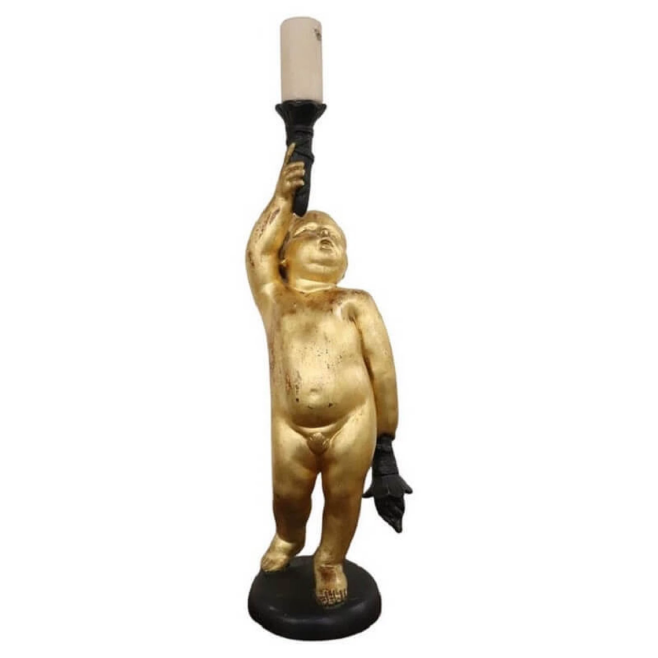 Gilded candle holder putto on wood base 1