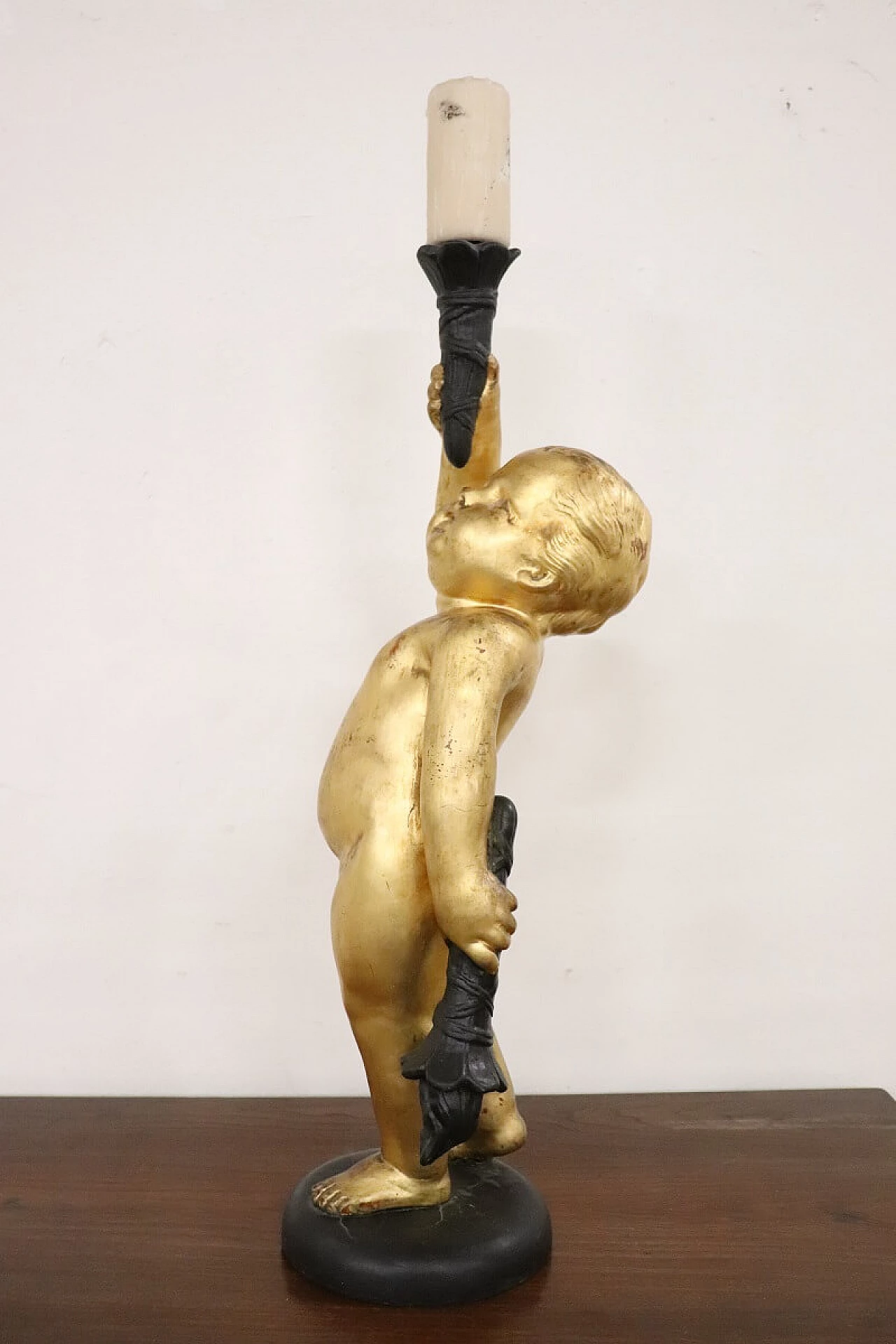 Gilded candle holder putto on wood base 2