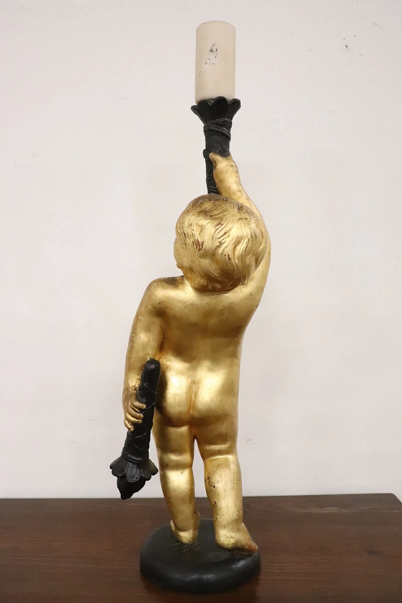 Gilded candle holder putto on wood base 3