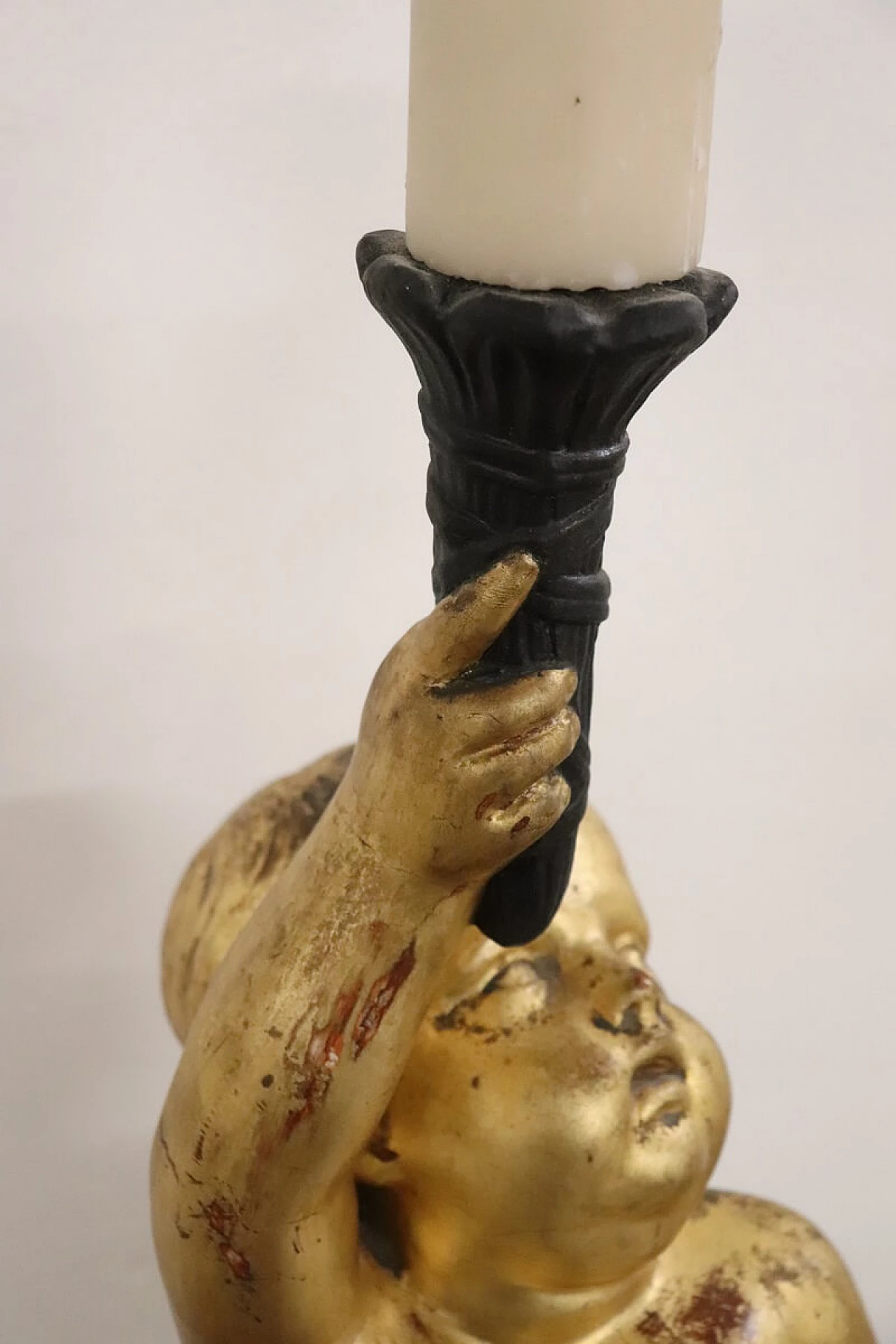 Gilded candle holder putto on wood base 6