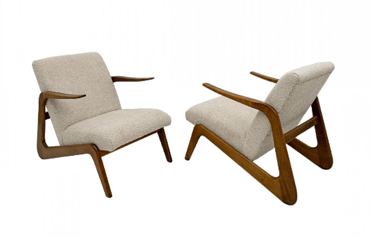 Pair of beech and beige bouclé fabric armchairs, 1970s 1