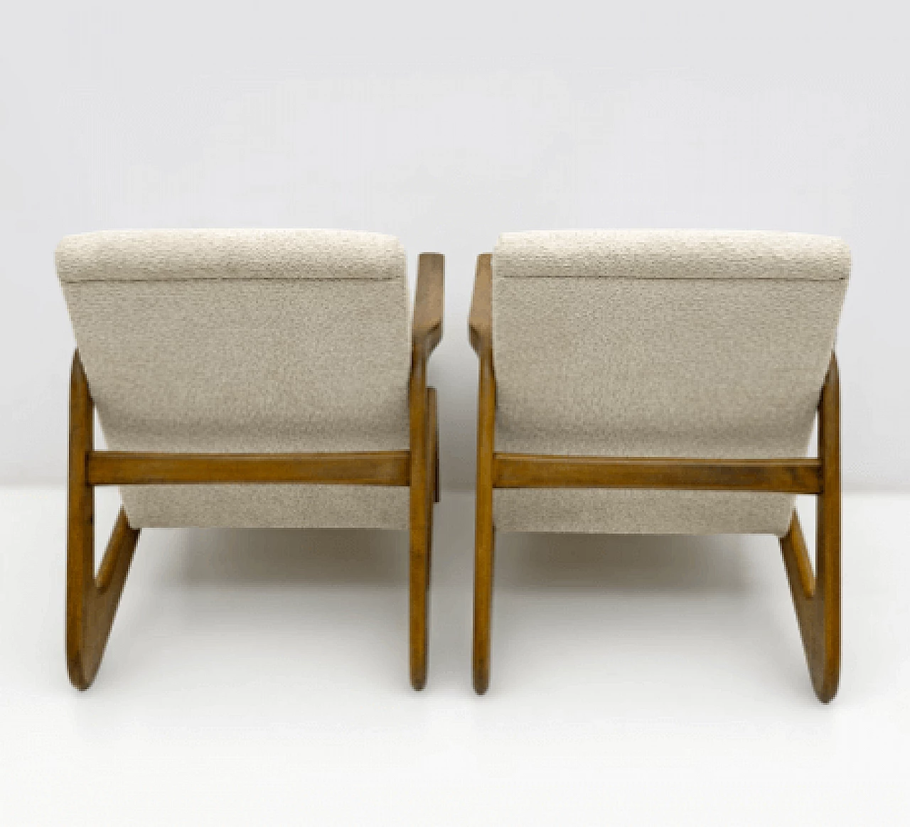 Pair of beech and beige bouclé fabric armchairs, 1970s 8