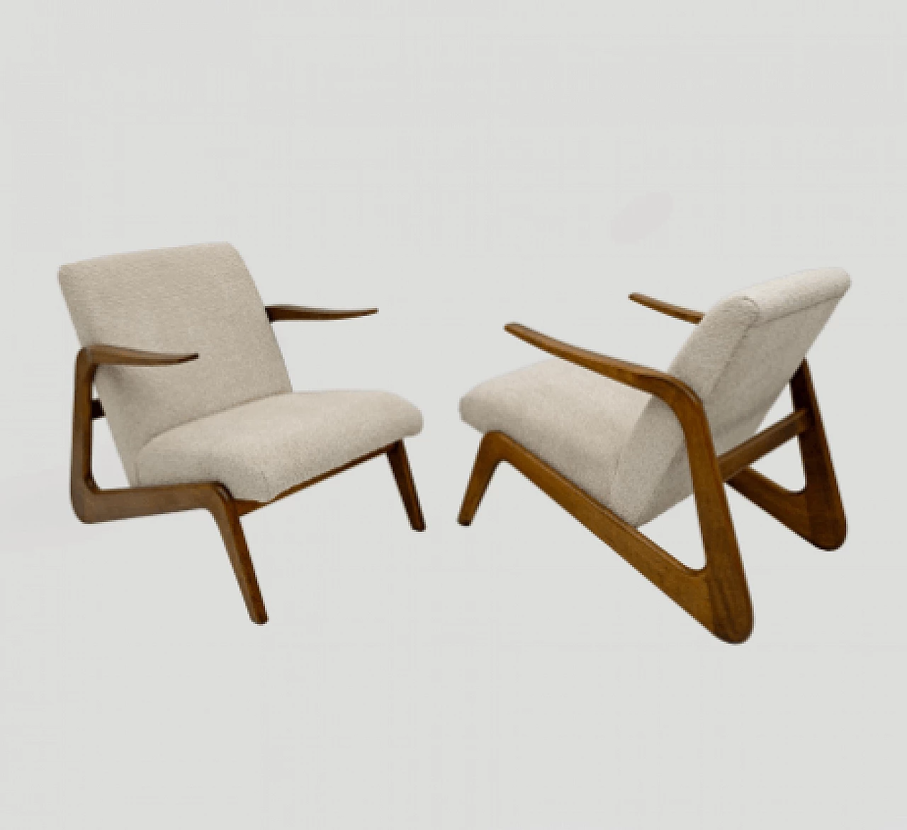 Pair of beech and beige bouclé fabric armchairs, 1970s 9