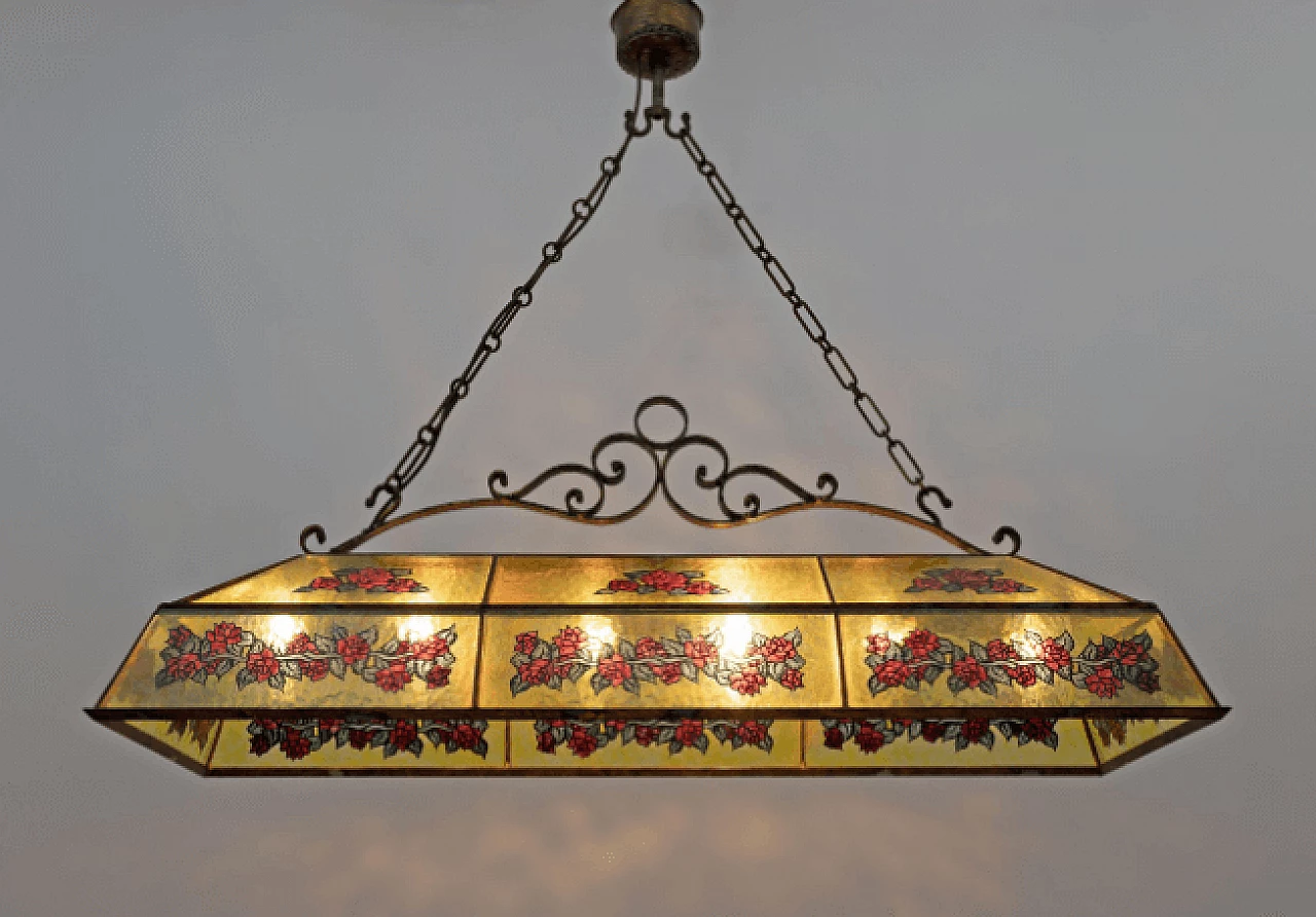 Wrought iron and painted glass chandelier, 1960s 2