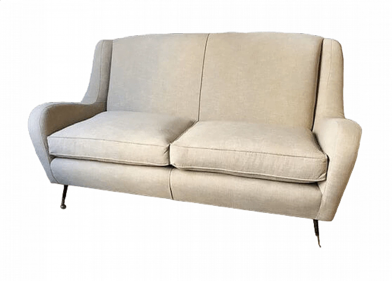 Sofa with padded seats and brass legs, 1950s 8