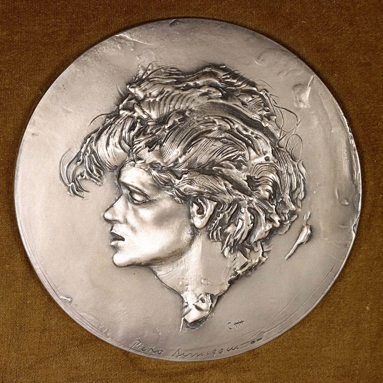 Pietro Annigoni, female face, silver bas-relief, 1970s 3