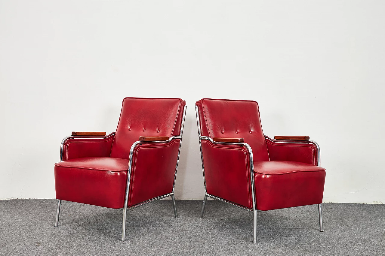 Pair of burgundy leather armchairs in Bauhaus style by József Peresztegi, 1950s 2