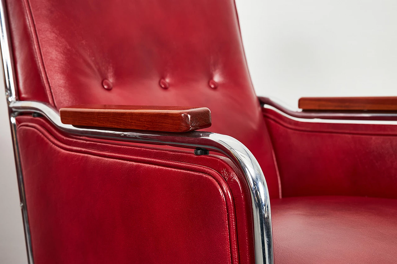 Pair of burgundy leather armchairs in Bauhaus style by József Peresztegi, 1950s 3