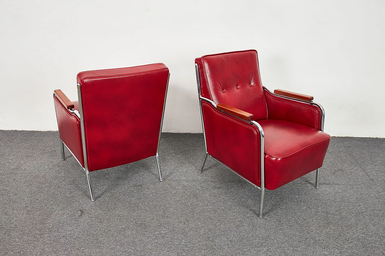 Pair of burgundy leather armchairs in Bauhaus style by József Peresztegi, 1950s 5