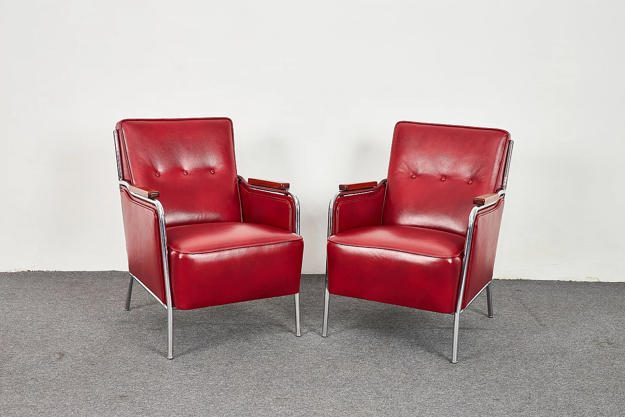 Pair of burgundy leather armchairs in Bauhaus style by József Peresztegi, 1950s 7