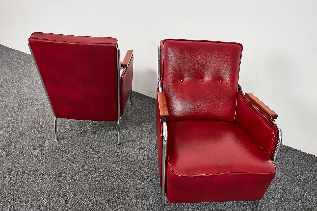 Pair of burgundy leather armchairs in Bauhaus style by József Peresztegi, 1950s 8