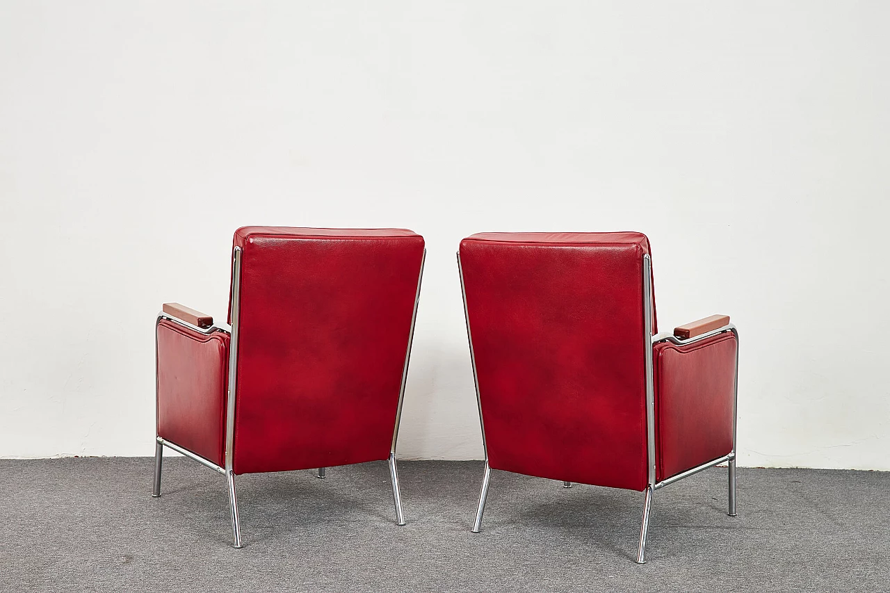 Pair of burgundy leather armchairs in Bauhaus style by József Peresztegi, 1950s 12