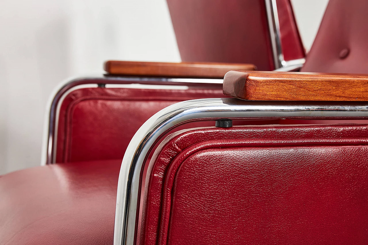 Pair of burgundy leather armchairs in Bauhaus style by József Peresztegi, 1950s 16