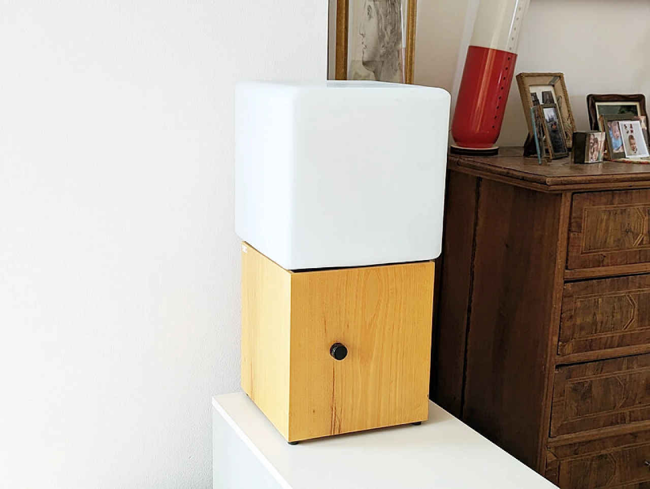 Wood and white sandblasted glass table lamp, 1970s 14