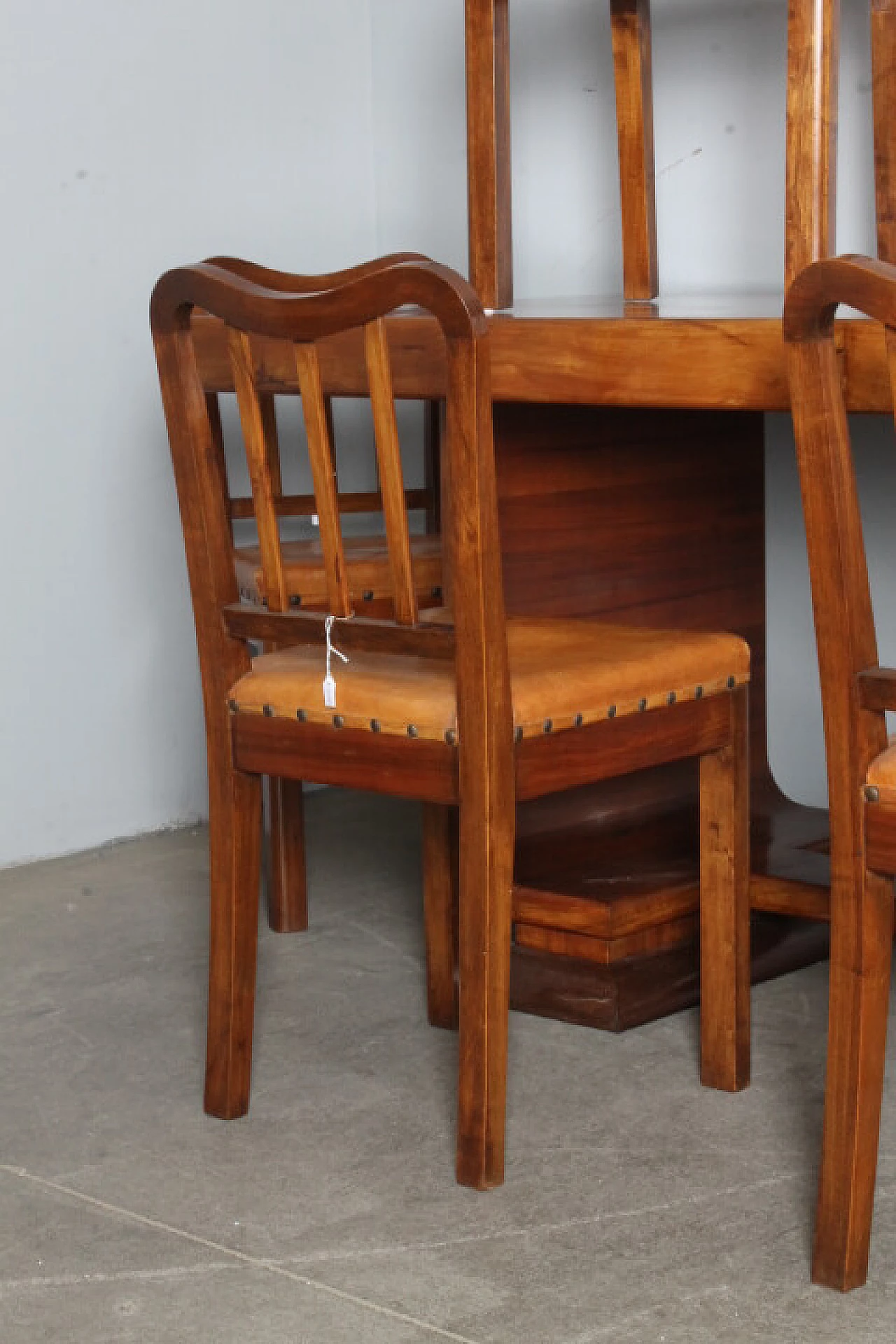 6 Art Deco walnut chairs and table, 1940s 9