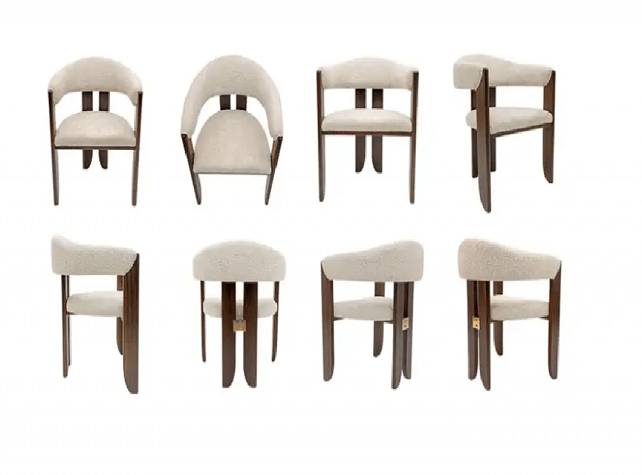 8 Bouclé and walnut dining chairs, 1970s 1