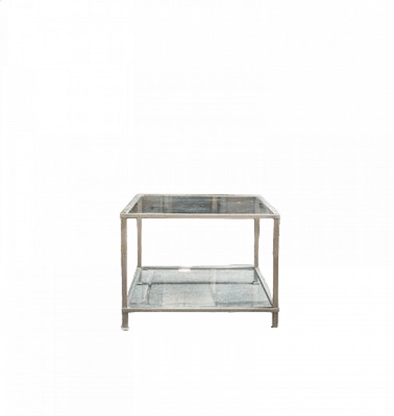Tavolino quadrato con struttura in metallo placcato in nichel e ripiani in vetro, anni '70 6