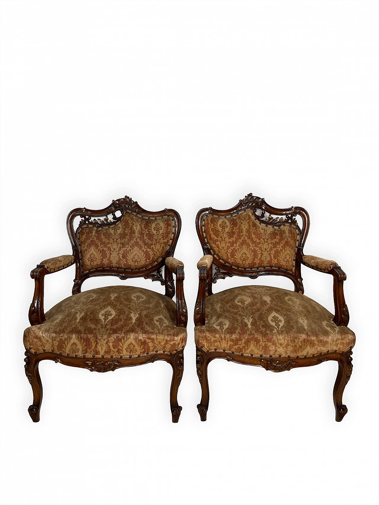 Pair of wood and fabric armchairs, early 20th century 1