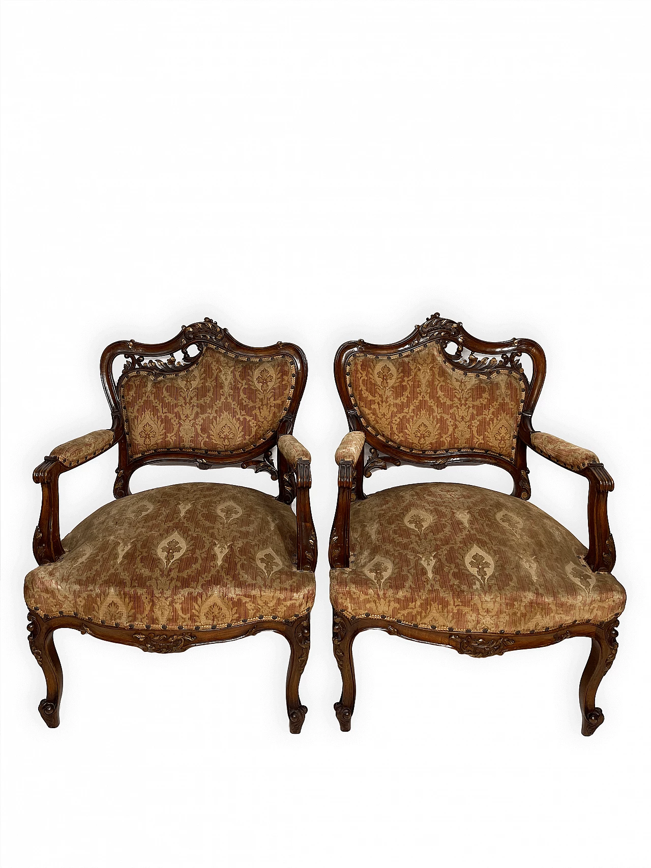 Pair of wood and fabric armchairs, early 20th century 2